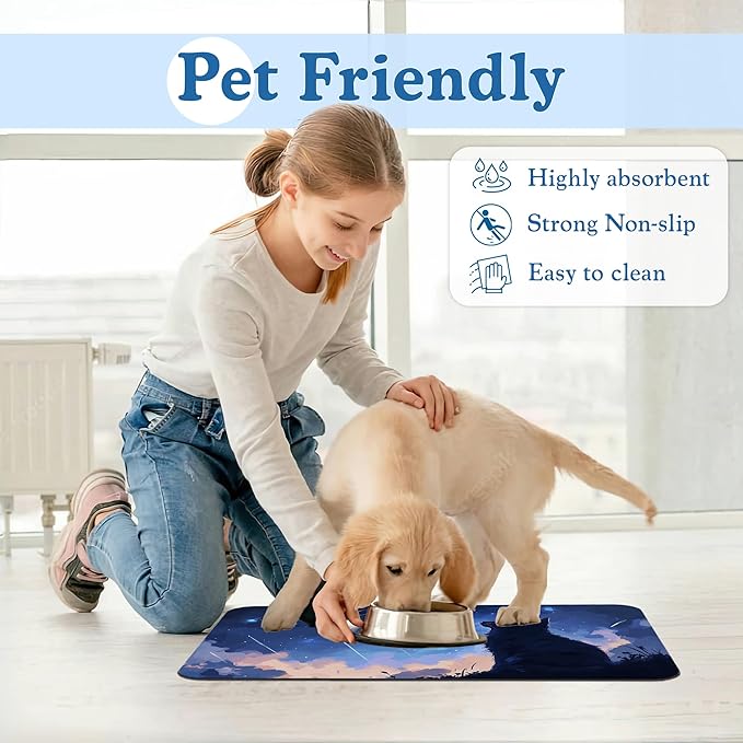 Starry Night Cat Dog Food Mat–Christmas Stocking Absorbent Quick Dry Feeding Placemat for Food and Water Bowls, Non Slip Rubber Backing, Waterproof Pet Supplies for Mess-Free Eating 16"x24"