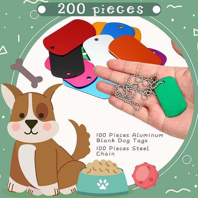 Yinkin 200 Pcs Personalized Military Dog Tags Set Including 100 Pcs Aluminum Blank Dog Tags for Engraving 100 Ball Steel Chain Rectangle Metal Blank Stamping Label for DIY Craft(Green)