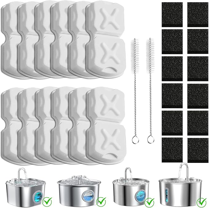 MJYNITE Cat Water Fountain Filter Replacement Kit - 12 Cat Fountain Filters, 12 Sponges & 2 Brushes, Compatible with Stainless Steel Pet Fountains