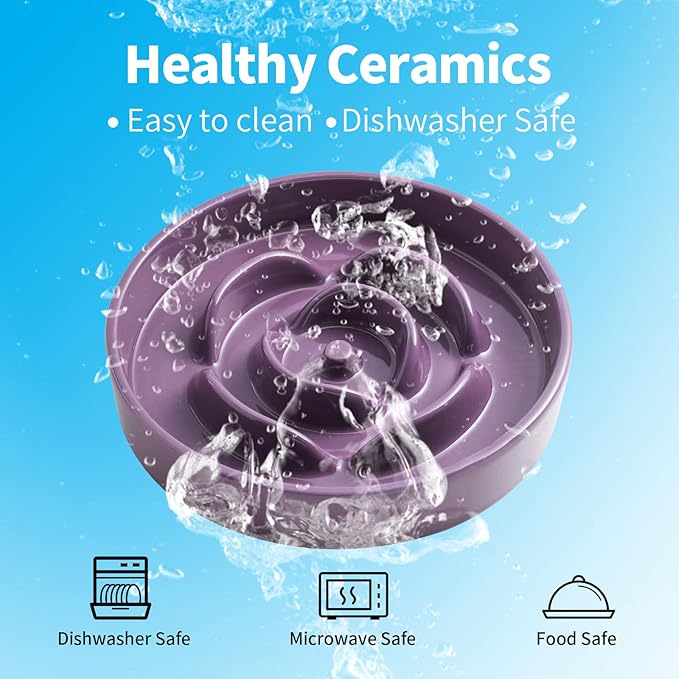 8.66 in Purple Ceramic Slow Feeder Dog Bowl for Medium and Large Breed,Fast Eater Dog Food Water Dish Heavy Wighted,Puppy Bowl for Fast Eaters,Puzzle Slow Eating Dish Modern Cute