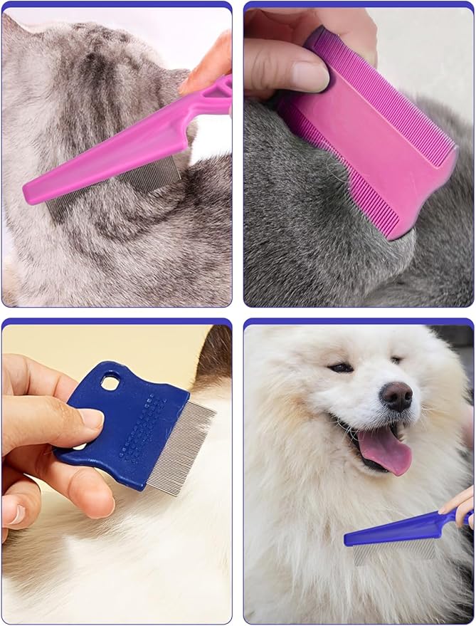 Flea Comb for Cats Dogs, 6 Pack Flea and Lice Grooming Comb Set for Cats, Pet Grooming Tools for Small, Medium & Large Pets (Pink & Blue)
