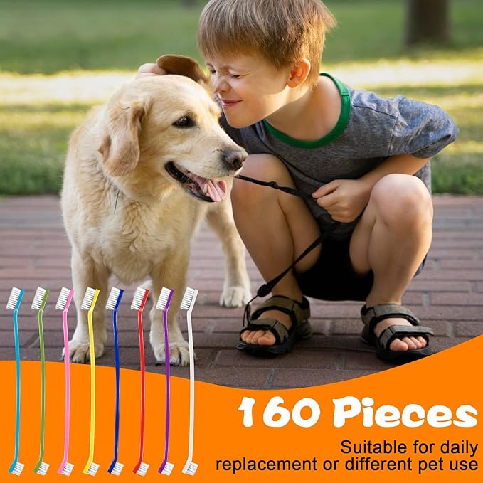 160 count Dog Toothbrush Bulk Dual Headed Dental Brushes Dogs Tooth Brushing Kit Long Handle Pet Tooth Brush for Puppy Large Small Cats and Most Pets Teeth Cleaning Dental Care Supplies, 8 Colors