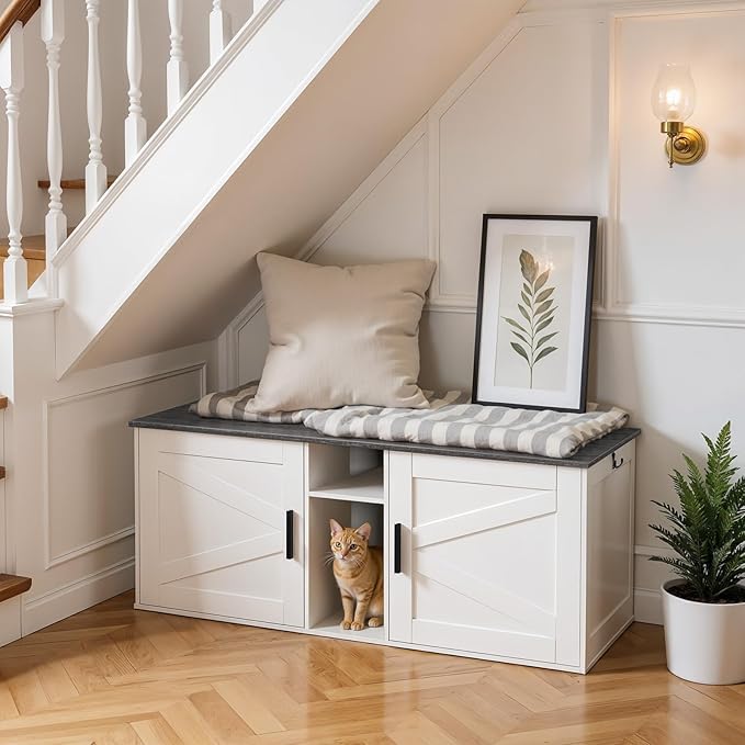 HOOBRO Double Litter Box Enclosure, Modern Cat Litter Box Furniture with Storage and Mat Design, Farmhouse Hidden Litter Box Enclosure with 2 Hooks, White and Charcoal Gray BW23MW01
