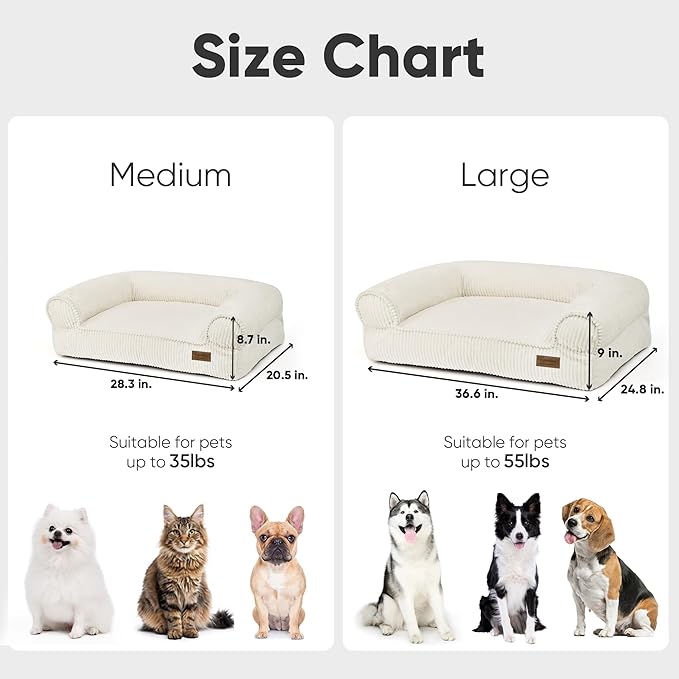 FUKUMARU Dog Couch Bed, Corduroy Cozy Cat Bed for Indoor Cats with Washable Cover, 28in Waterproof Orthopedic Dog Beds Sofa for Small Dogs and Large Cats, Cute Warm Cotton Pet Sofa, Cream