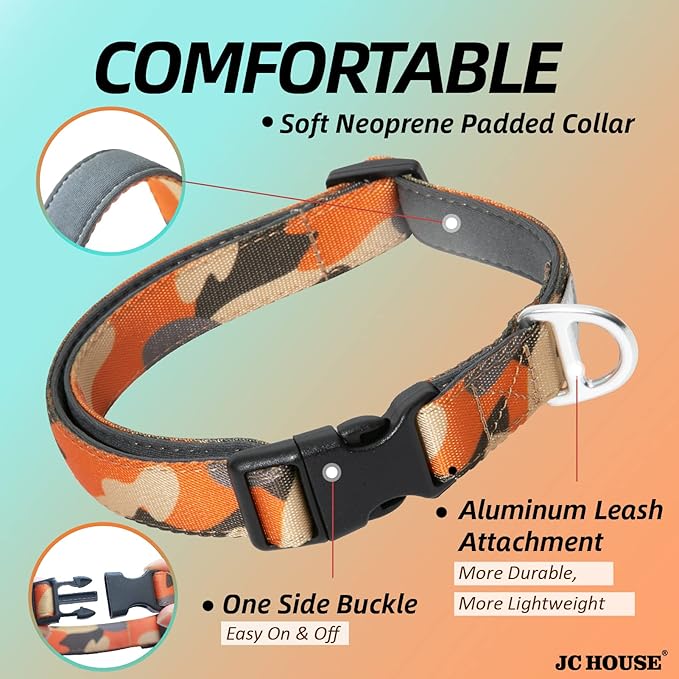 Soft Padded Dog Collar, Neck 9’’-14’’, Adjustable Heavy Duty Collar with 3M Reflective Logo for Small Dogs, Camo Orange, S