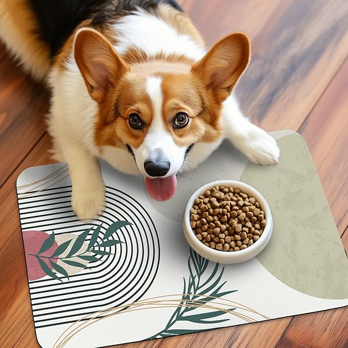 Patterned Cat & Dog Bowl Mat for Food and Water, 12"×20" Quick Dry Absorbent Pet Feeding Mat, Eco-Friendly Dog Placemat
