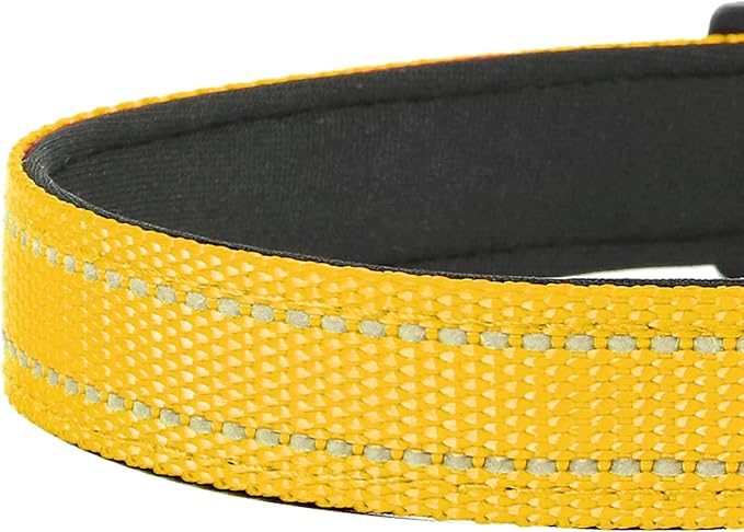 Reflective Dog Collar, Adjustable Soft Neoprene Padded Nylon Pet Collars with Buckle for Large Dogs, Yellow,L