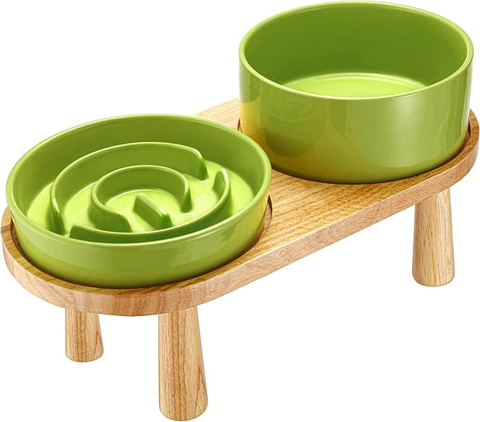 Ceramic Slow Feeder and Water Bowl Set for Small Dogs, 6.0inch Ceramic Dog Bowls Elevated with Wooden Stand, 0.6 Cups Dog Slow Feeder(14oz) and 30oz Water Bowl Set, Green