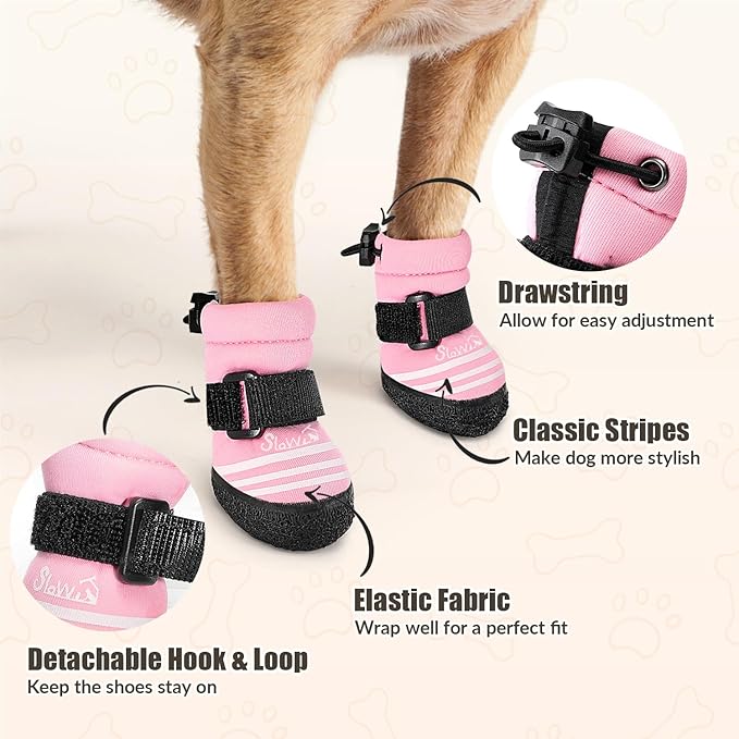 SlowTon Dog Shoes for Medium Large Dogs - Water Resistant Anti-Slip Dog Boots for Hot Pavement Rain Snow,Reflective Dog Paw Protectors for Outdoor Walking, Indoor Hardfloors(Pink,3)