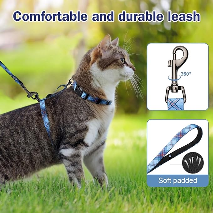 Hikiko Cat Harness and Leash Set Escape Proof Adjustable Walking Travel Soft Boy Kitten Harness for Small Medium Large Cats (Blue Plaid, S)