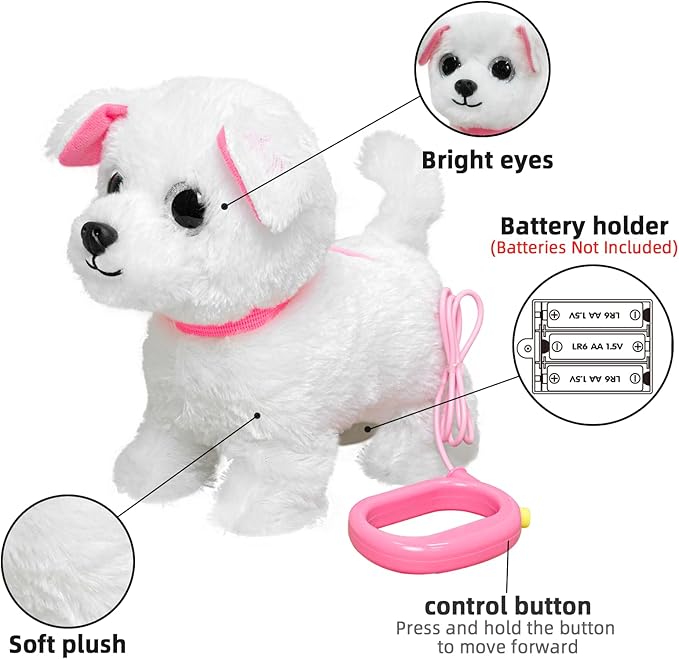 YH YUHUNG Walking White Dog Toy with Leash, Fluffy Electronic Puppy That Walks, Barks & Wags Tail, Interactive Robot Pet Plush Animal, Gift for Girls & Boys 3-7 Years (White)