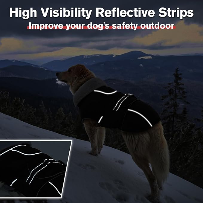 LeLePet Waterproof, Windproof Dog Coat (Black, 2XL) - Reflective, Adjustable, Polyester Cold Weather Coat with Fleece Lining for Large Dogs