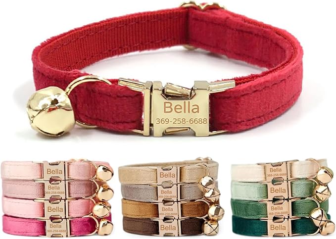 Colorful Velvet Custom Cat Collar, Personalized Cat Collar with Name, Engraved Collar for Small Large Cat Kitten with Bell (Red,L)