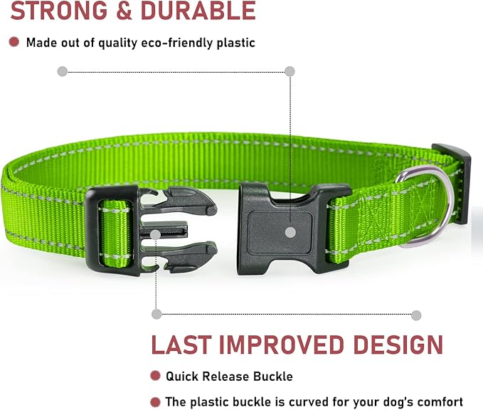 Reflective Dog Collar with Buckle Adjustable Safety Nylon Collars for Small Medium Large Dogs, Grass Green S