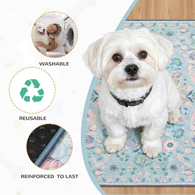 Lahome Washable Reusable Pee Pads for Dogs - Blue Botanical Floral 2 Pack Puppy Pads, Super Absorbent & Waterproof Dog Training Mats for Potty & Crate - Leakproof with Non-Slip Backing (36"x48")