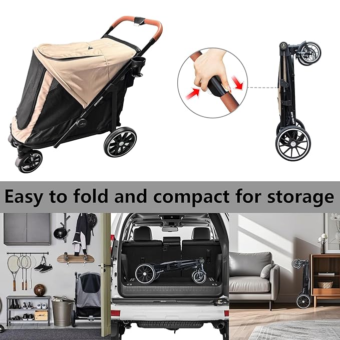 Dog Stroller for Large Dogs up to 50kg One-Button-Collapsing Cat Stroller for 2 Large Cats 360° Wear-Resistant Rubber Wheels Mesh Windows. (Khaki, 39"x24"x31.5")