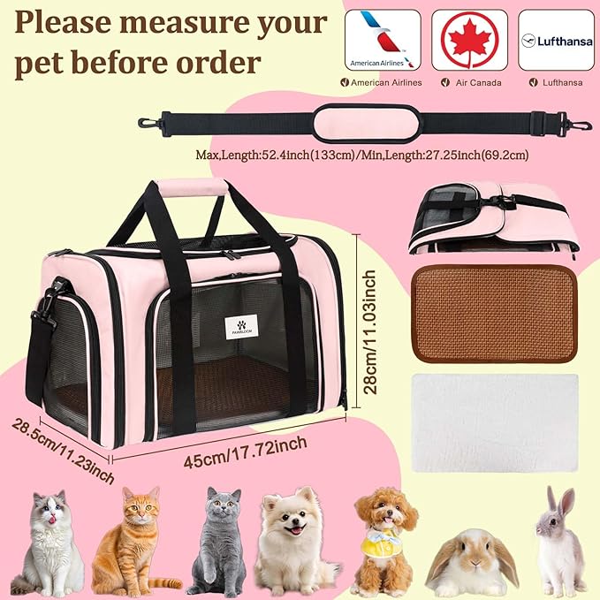 DSDCDJ Cat Carrier Dog Carrier - Soft-Sided Cat Carrier with Plush Pad & Cooling Mat, Easy-Load 4-Side Zipper & 3-Side Mesh Ventilation, Pet Carrier Airline Approved for Cats/Dogs Up to 20 lbs, Pink