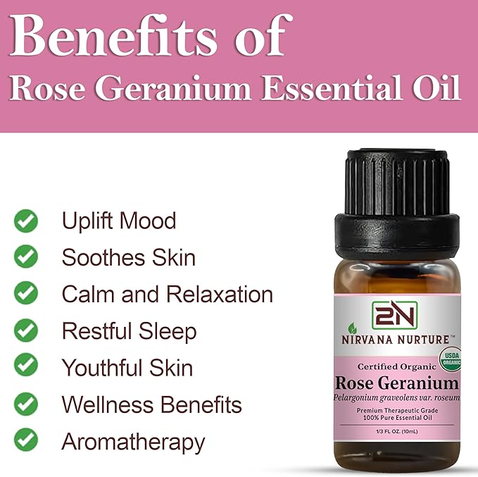 Nirvana Nurture Rose Geranium Essential Oil USDA Certified Organic, 100% Pure Natural Premium Grade, Undiluted
