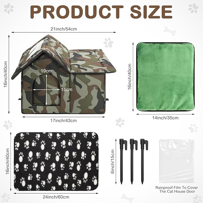 3 Pcs 21"x 18" Outdoor Waterproof Cat House with Curtained Door Self Warming Pad Blanket Large Feral Cat Shelter Winter Camo Collapsible Kitty Dog Bed Outside, 3 Tent Stakes, Easy Assemble
