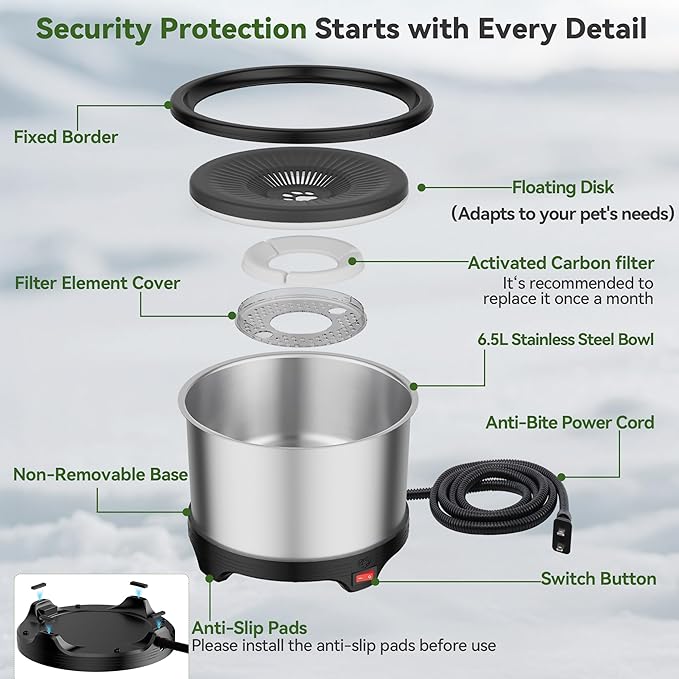 Twinsing 6.5L Heated Water Bowl, Stainless Steel Outdoor Heated Dog Bowl with Anti-Chew Cord, Large Capacity Heated Pet Slow Drinking Dish Provide Warm Water in Winter for Dogs