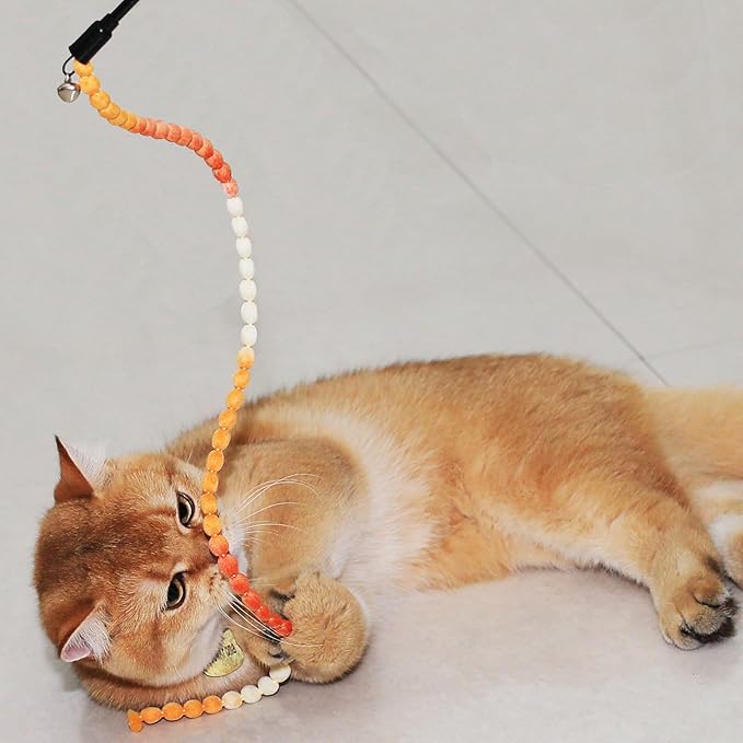 MeowAroma Interactive Cat Toys, 3 Pcs Cat Wand Toys for Indoor Kitten with Colorful Bead Shape Hemp Rope and Small Bell, Kitty Teaser String Toy for Indoor Cats to Chase and Exercise