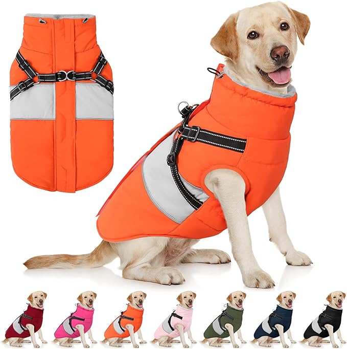 AOFITEE Dog Coat, Large Dog Jacket, Dogs Coat with Harness Built in, Reflective Waterproof Dogs Jackets Winter with Furry Collar, Warm Polar Fleece Pet Sweater Snowsuit for Doberman, Great Dane, XXL