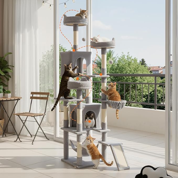 Large Cat Tree 75 Inch, Multi-Level Tall Cat Tree Tower with Condo, Perches, Sisal Scratching Posts Board and Hammock, Pet Play House with Dangling Balls for Indoor Cats, Light Grey
