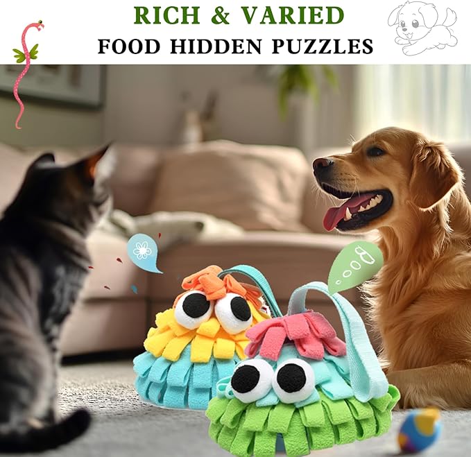 Squeaky Dog Snuffle Food Toys, Hide and Seek Enrichment Puzzle Toys for Boredom, Slow Eating, Training Foraging Skills and Stress Relief, for Puppy Cats Rabbits
