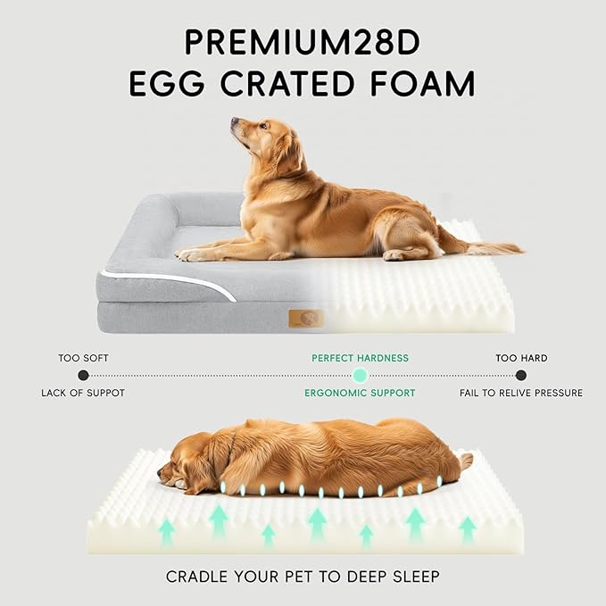 Homemate Dog Beds Large Sized Dog: 36x27 inch Orthopedic Large Dogs Bed XL Outdoor Pet Cat Bed Sofa Supplies with Toy Dogs Crate Pad Couch with Removable Washable Cover & Non-Slip Botton Light Grey