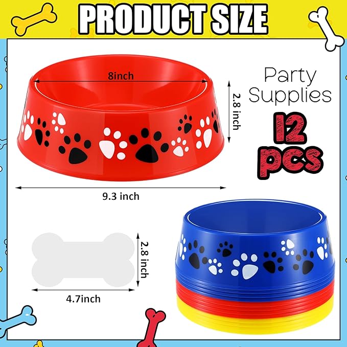 12 Set Dog Paw Plastic Bowls Blue Dog Birthday Party Supplies Colorful Food Trays with Bone Cards Food Plates Paw Centerpieces for Pet Puppy Party Decorations(Red Blue and Yellow)
