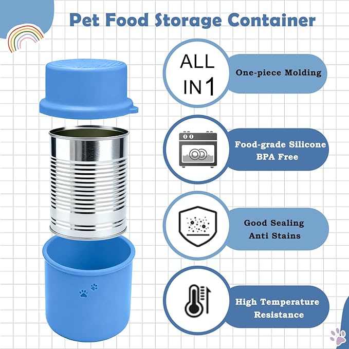 DORUI Original Canned Dog Food Storage Container | Silicone Can Cover Pet Food Sealer | BPA Free, Airtight, Dishwasher & Freezer Safe (Blue)