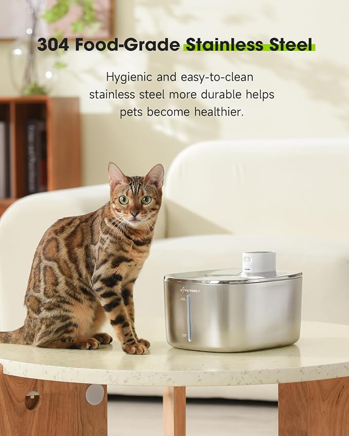APD APETDOLA Wireless Cat Water Fountain Stainless Steel,135floz/4L Battery Operated Automatic Pet Fountain,Cordless Cat Water Dispenser Pet Drinking Water Fountain for Multicat Cats Dog Outdoor