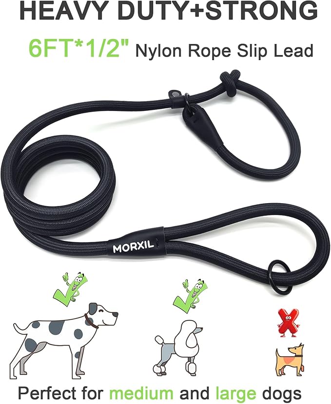 Slip Leash for Dogs, Heavy Duty No Pull Dog Training Leash, 6FT Strong Nylon Rope Slip Leads Control Leashes for Large Medium Dogs (Black)