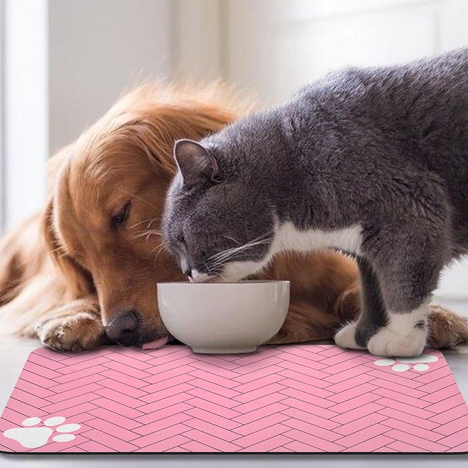 Dog Food Mats,Cat Absorbent Water Bowl Feeding Mats Pet Placemats for Food and Water Pink Wood 17 * 30 inch