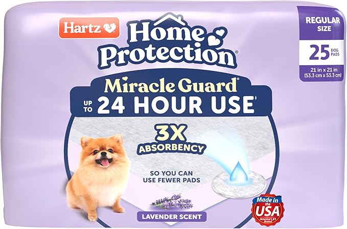 Hartz Home Protection Miracle Guard Lavender Scented Dog Pads, Regular Size 25 Count, 24 Hour Use, Won't Leak and Odor Eliminating