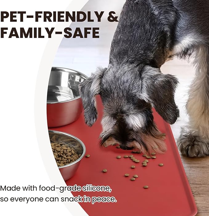 VIVAGLORY Dog Food Mat Flexmat Dog Bowl Mat, Placemat Food Tray with Raised Edges & Lip for Indoor Floor, Non Slip Waterproof Silicone Dish Placemat for Cat & Pet, S, Burgundy