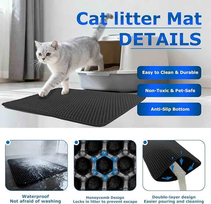 Cat Litter Box Mat Double Layer Trapping Mat Easy-Clean Waterproof Urine Proof(Black 35x24in)