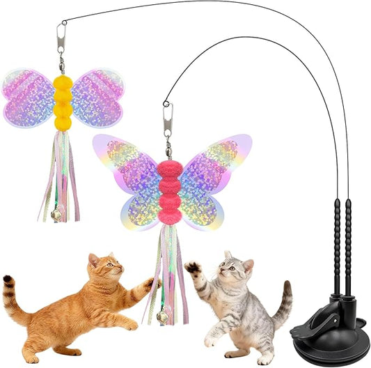 Walfront Interactive Cat Wand Toy Set with Replaceable Butterfly & Bee Bell Heads, Dual Suction Cup Base, for Self-Play or Handheld Fun with Indoor Cats & Kittens, Keeps Pets Active and Stimulated