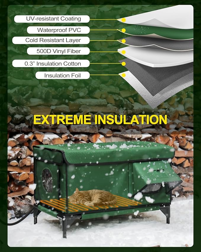 Outdoor Heated Cat House in Winter,Extremely Insulated & Weatherproof,Elevated Feral Cat Shelter with Waterproof Eaves & Escape Door for Outside Stray Barn Cat (Army Green,L)