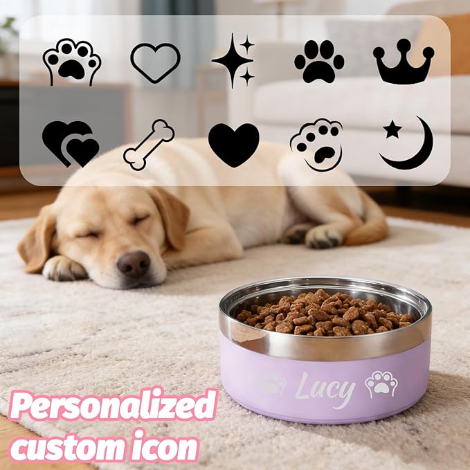 Personalized Dog Bowl with Name, Laser Engraved Stainless Steel Custom Dog Bowl, Durable Double Layer Anti-Slip Design Pet Water Bowl, for Pets