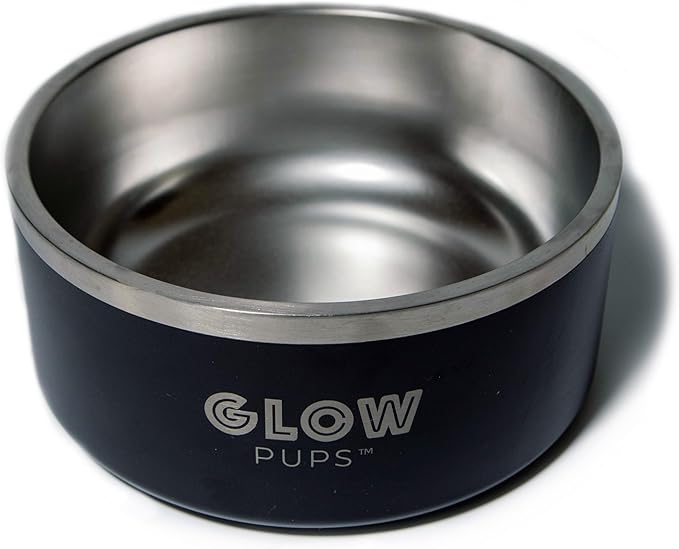 Glow Pups 64 oz Black Anti-Skid Dog Bowl, Vacuum Insulated, Powder Coated, Stainless Steel, Non-Slip, Easy to Clean