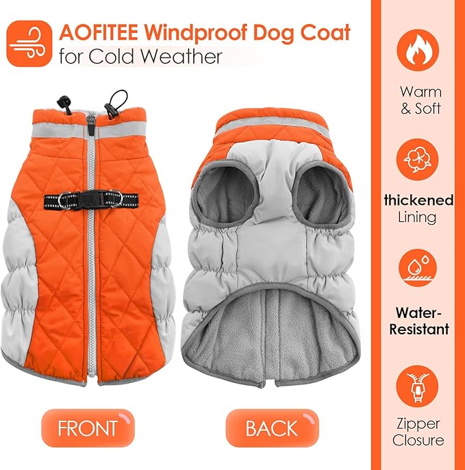 AOFITEE Dog Coat, Warm Dog Jackets for Small Dogs, Dogs Winter Coat with Harness Built in, Reflective Pet Winter Jacket, Waterproof Windproof Puppy Puffer Jacket Fleece Vest, Orange XS