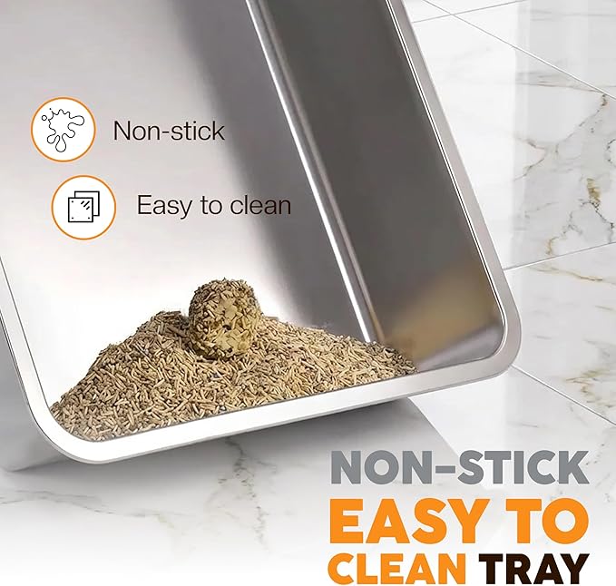 XL Stainless Steel Cat Litter Box with Enclosure and Pooper Scooper - Durable Black Metal Litter Box for Big Cats, High Sides for Anti-Leakage, Never Absorbs Odors, Non-Sticky - (60x40cm) (Gray)