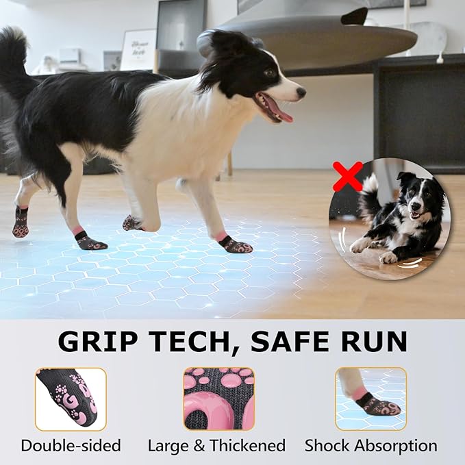Anti Slip Dog Socks to Prevent Licking Paws - Double Side Dogs Paw Grip Sock for Hardwood Floors, No Twist Dog Booties Grippy Socks for Small Medium Large Senior Dogs, Dark Grey and Pink, XL