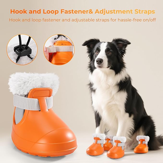 Dog Shoes for Small Medium Large Dogs,Winter Dog Snow Boots & Paw Protectors Waterproof for Cold Weather & Hard Floors,Adjustable Anti-Slip Dog Booties with Removable Wool Liner (Orange, 10)