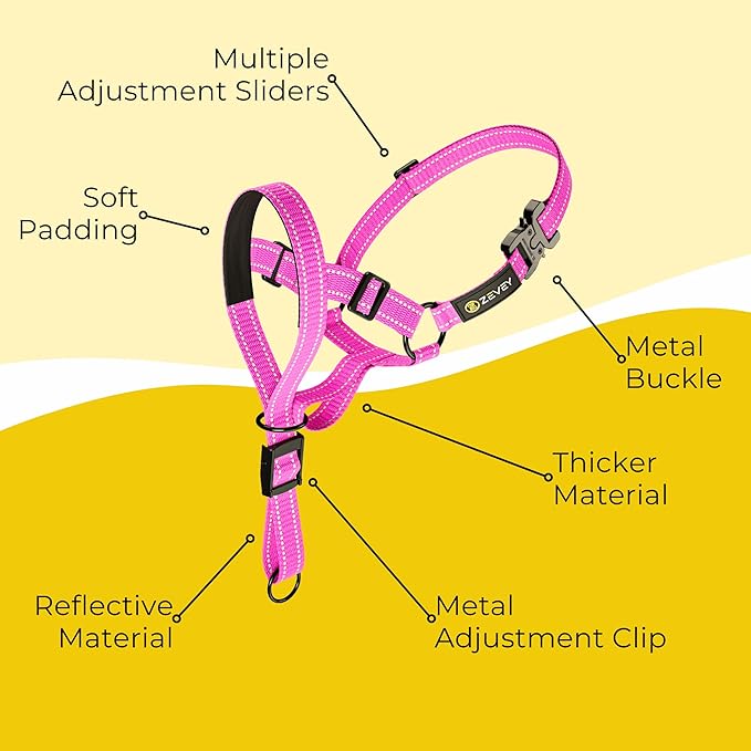 Dog Headcollar with Leash and Safety Strap Stops Heavy Pulling On The Leash Padded Reflective Head Halter for Small Medium Large Dogs Adjustable Head Harness for Training and Walking, (S, Pink)