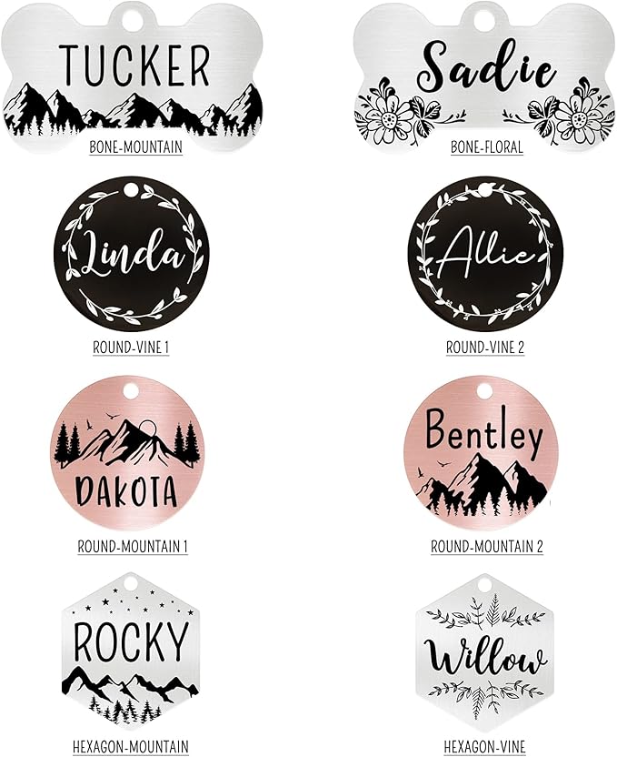 Ultra Joys Personalized Dog and Cat Tags - Stainless Steel, Custom Engraving Front and Back, Bone Tag Mountain Design, Silver Small