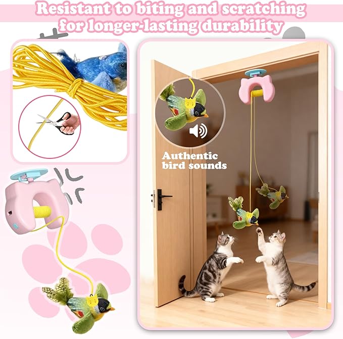Dinochez Interactive Cat Toys for Indoor Cats, Chirping Bird Cats Feather Toys, Automatic Hanging Door Frame Chase/Hunt/Exercise Stimulate Feather Cat Toy for Bored Indoor Adult & Kitten