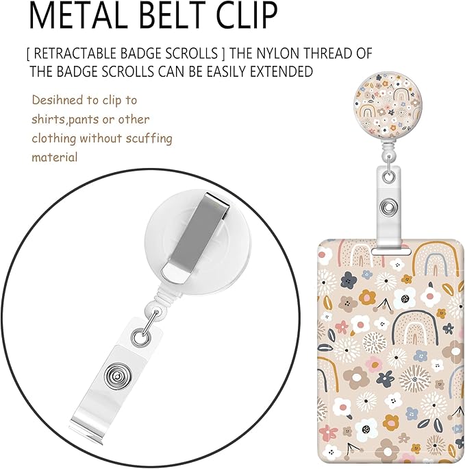 BLOCIT ID Badge Holder with Lanyard - Fashionable ID Card Holders with Retractable Lanyards - Soft Fiber Metal Clip Sturdy Buckle for Key Wallet - Work Nurse Teacher (Cute Flowers Rainbows)