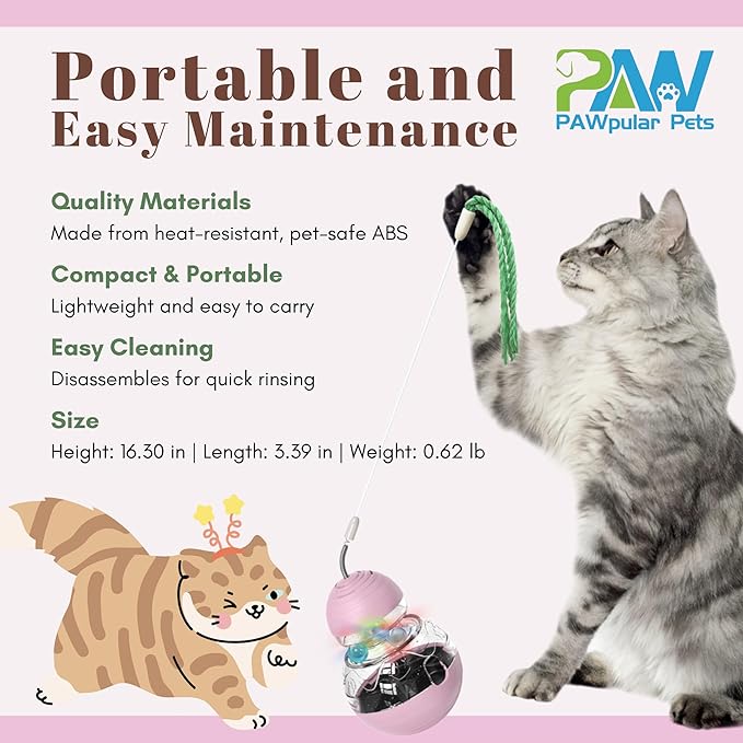 PAWpular Pets Interactive Cat Toy for Bored Indoor Cats, Tumbler Design with Teaser Wand, Cat Food Dispenser & Treat Puzzle Toy, Kitten Enrichment Toys for Mental Stimulation & Slower Eating (Pink)